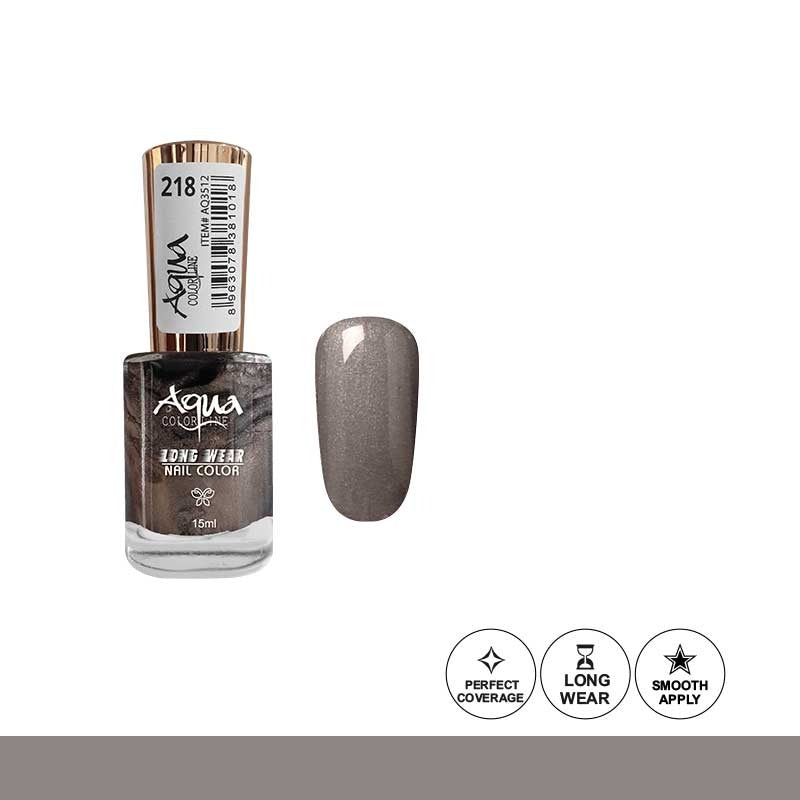 Nail polish bottle with a gray nail sample on a white background