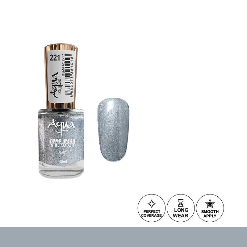 Silver nail polish bottle with a swatch on a white background