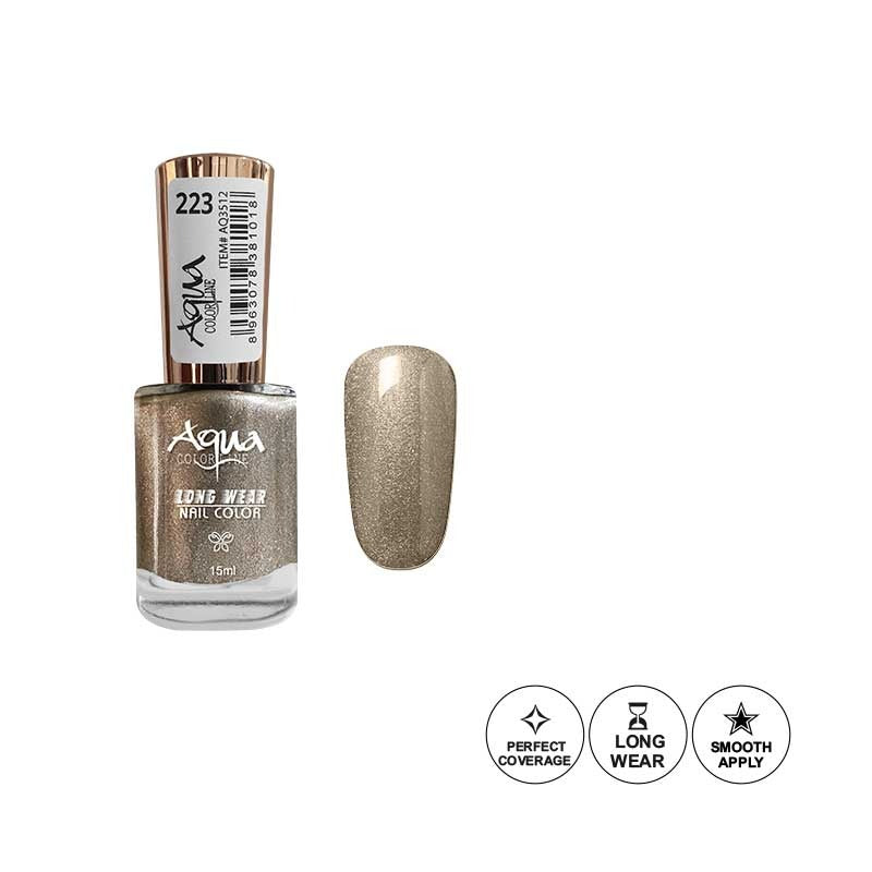 Gold nail polish bottle with a matching nail swatch on a white background