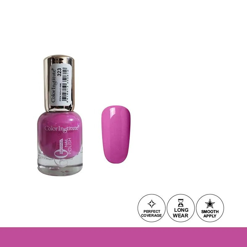 Pink nail polish bottle with color swatch on a white background