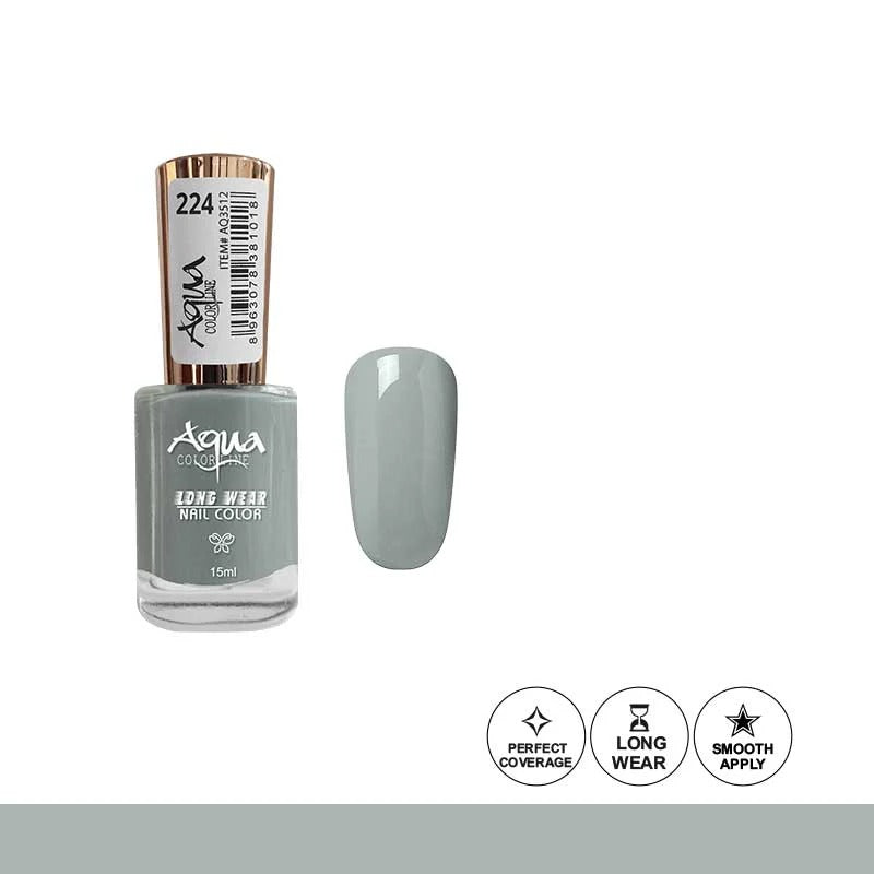 Nail polish bottle with a gray color swatch on a white background