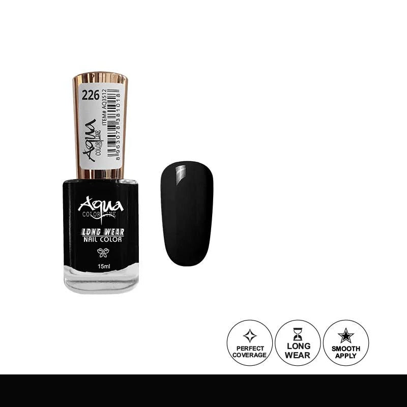 Black nail polish bottle with a small black nail sample on a white background