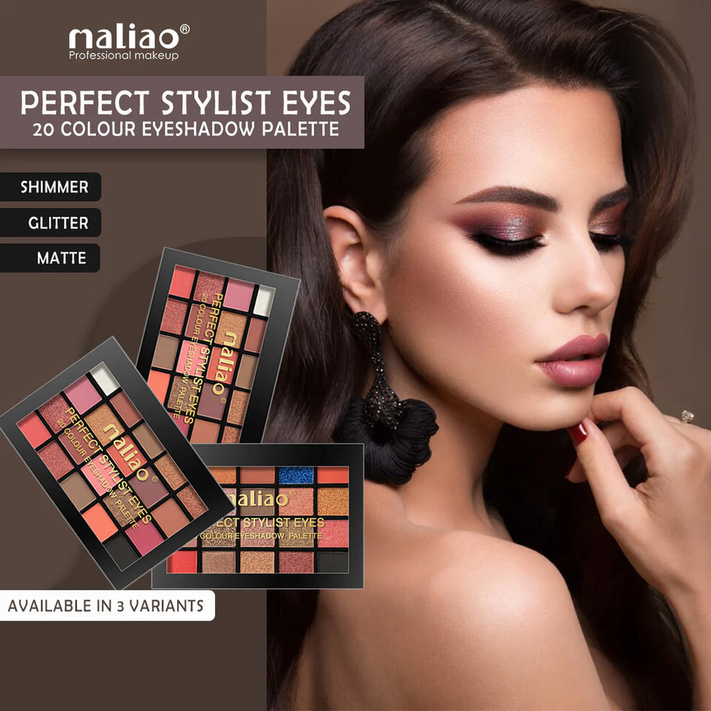 Maliao eyeshadow palette advertisement with a model applying makeup.
