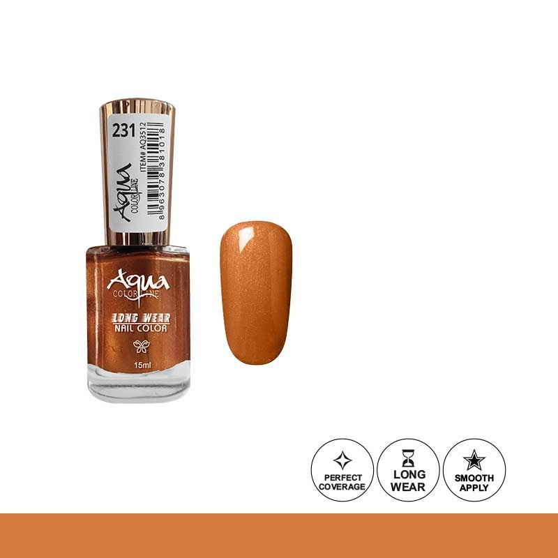 Brown nail polish bottle with a swatch on a white background