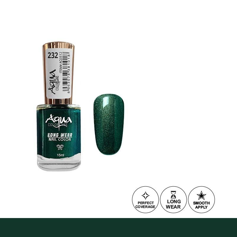 Green nail polish bottle with a matching color swatch on a white background
