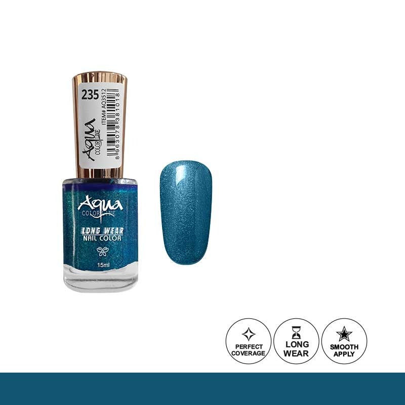 Blue nail polish bottle with a matching color swatch on a white background