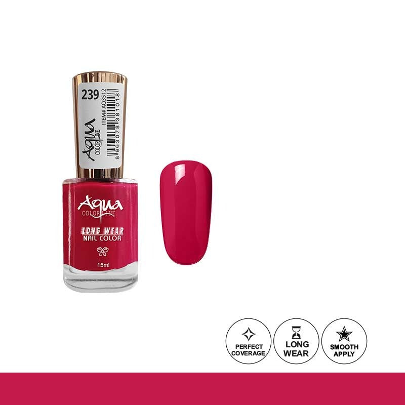 Red nail polish bottle with a small tray of color swatch on a white background