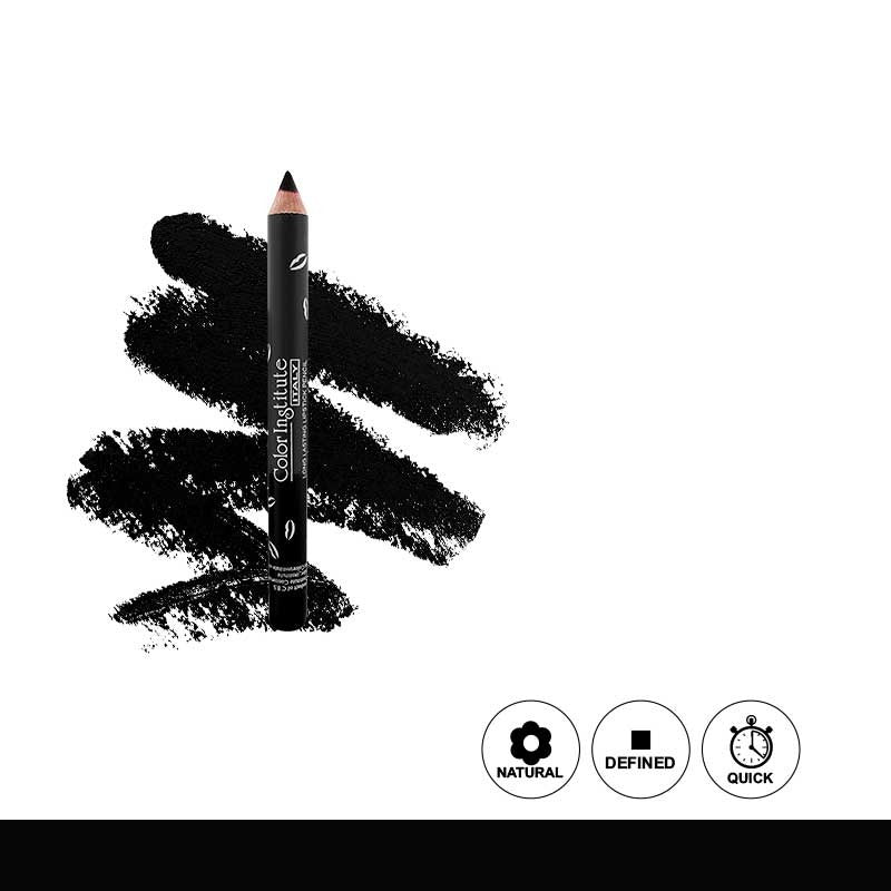 Lip liner pencil with black swatch on a white background