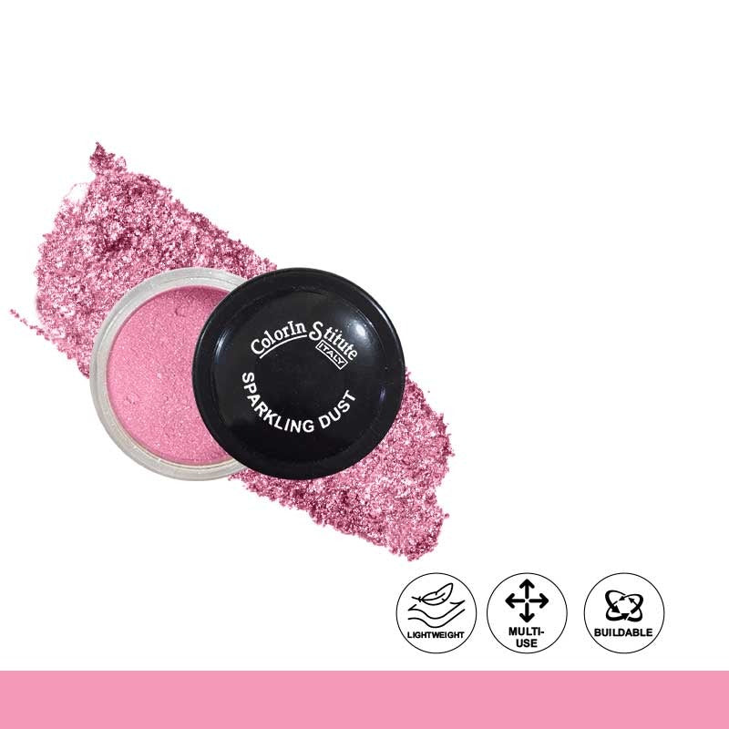 Pink sparkling dust in a small container with 'Colorist Studio' branding on a white background.