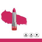 Pink lipstick with a swatch on a white background
