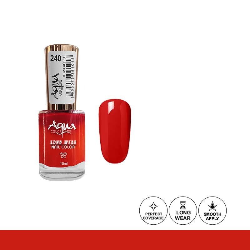 Red nail polish bottle with a swatch on a white background