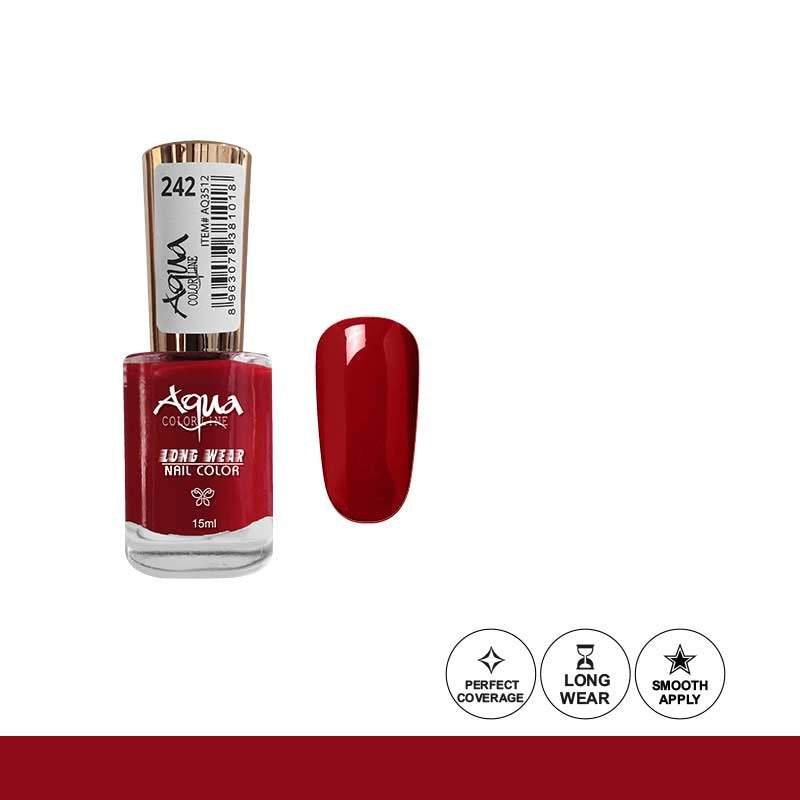 Red nail polish bottle with a droplet of polish on a white background