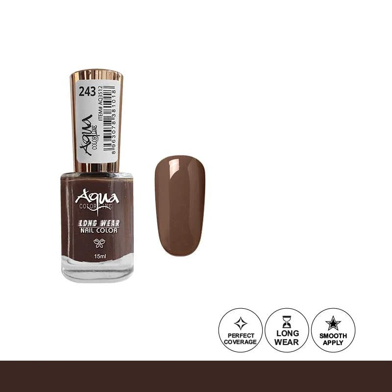 Brown nail polish bottle with a small aqua color on a white background