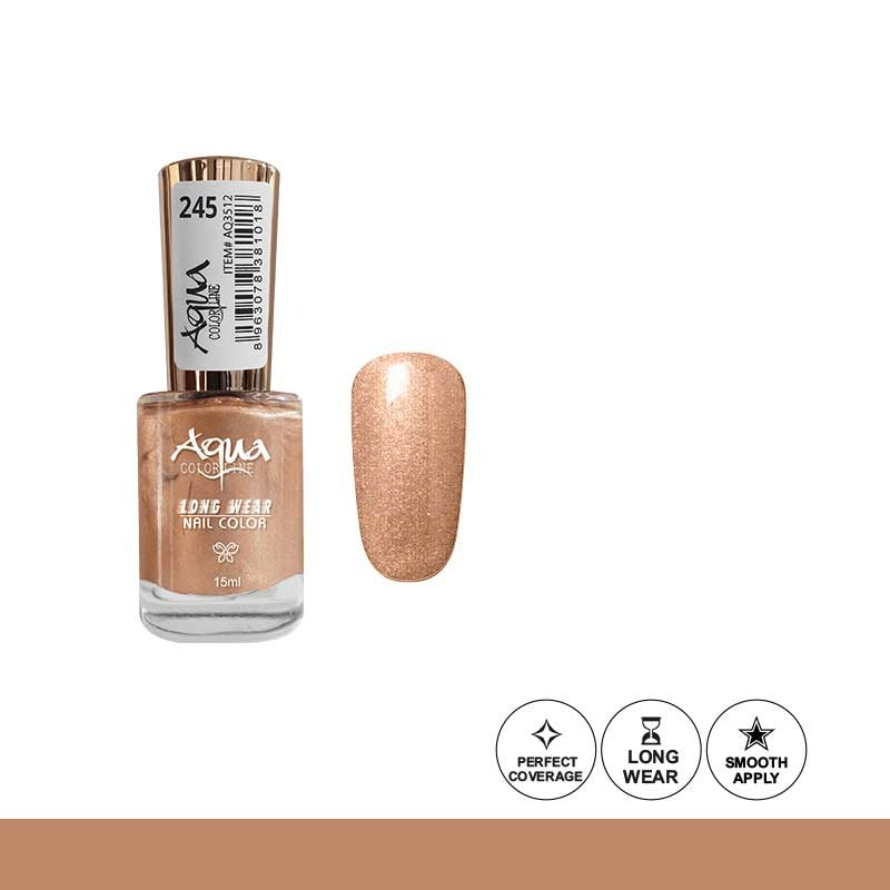 Nail polish bottle with a metallic gold color on a white background