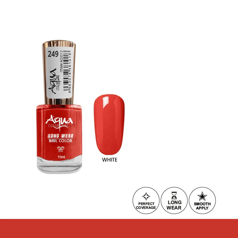 Red nail polish bottle with a white label on a white background