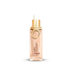 Makeup bottle with gold cap and text on a white background