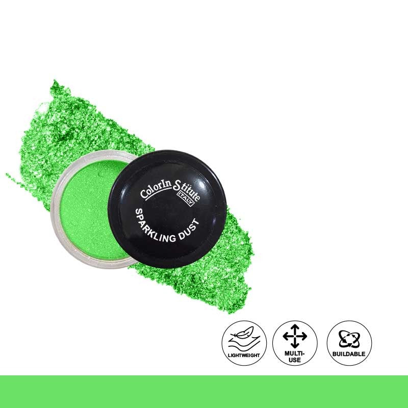 Green sparkling dust in a small container with visible brand name on a white background