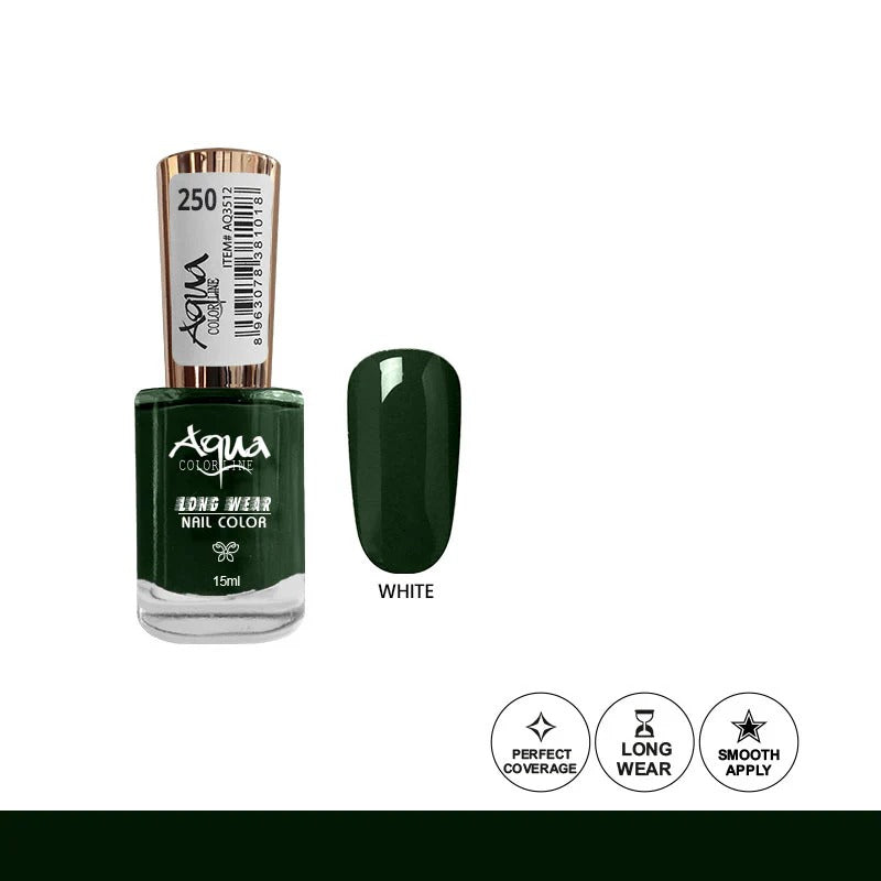 Green nail polish bottle with label on a white background