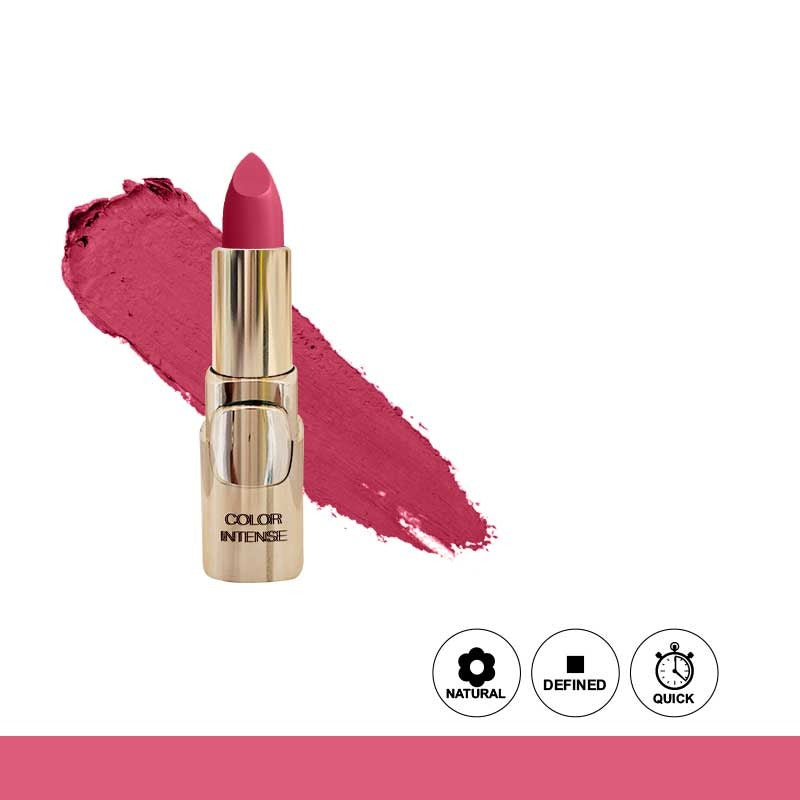 Pink lipstick with a swatch on a white background