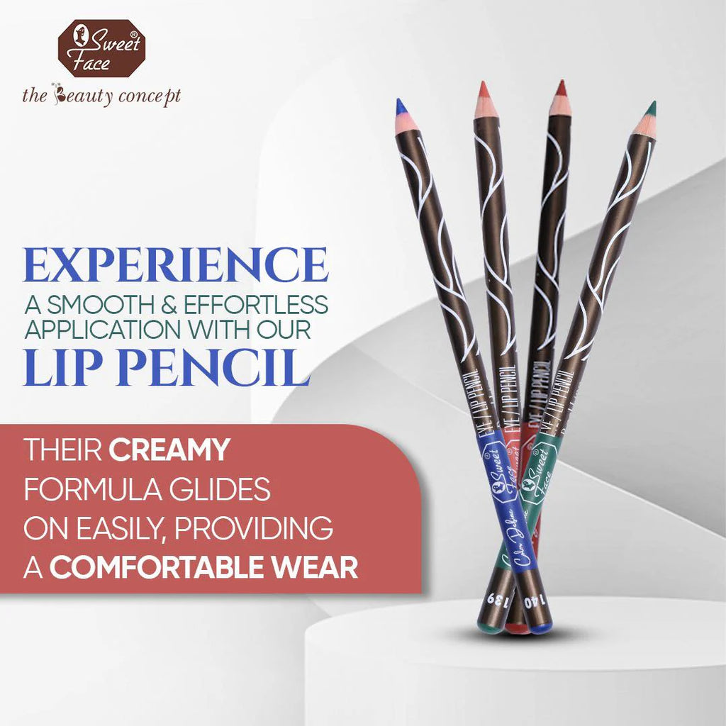 Lip pencils with decorative tips on a white background, featuring promotional text about their smooth application and comfortable wear.