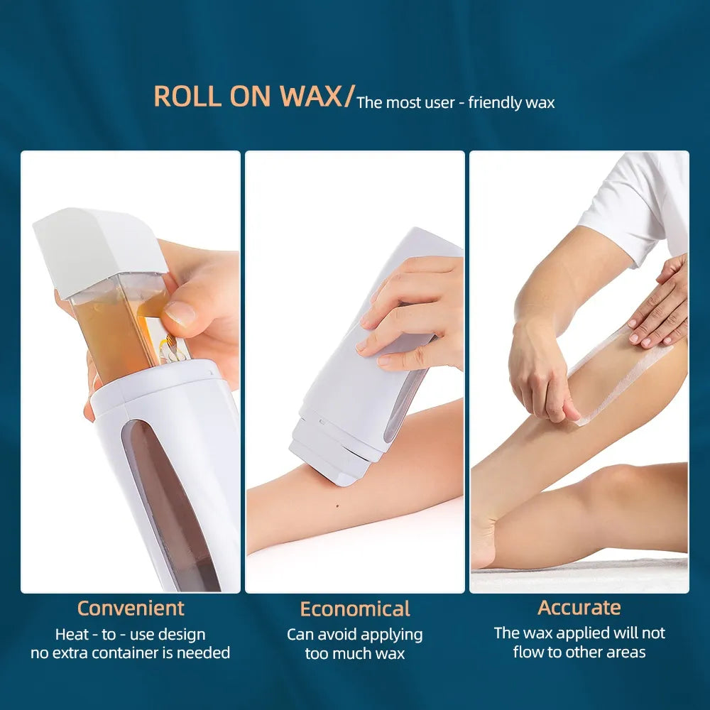 Roll-on wax product with usage demonstration and benefits on a blue background