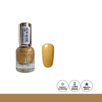 Gold nail polish bottle with a swatch on a white background