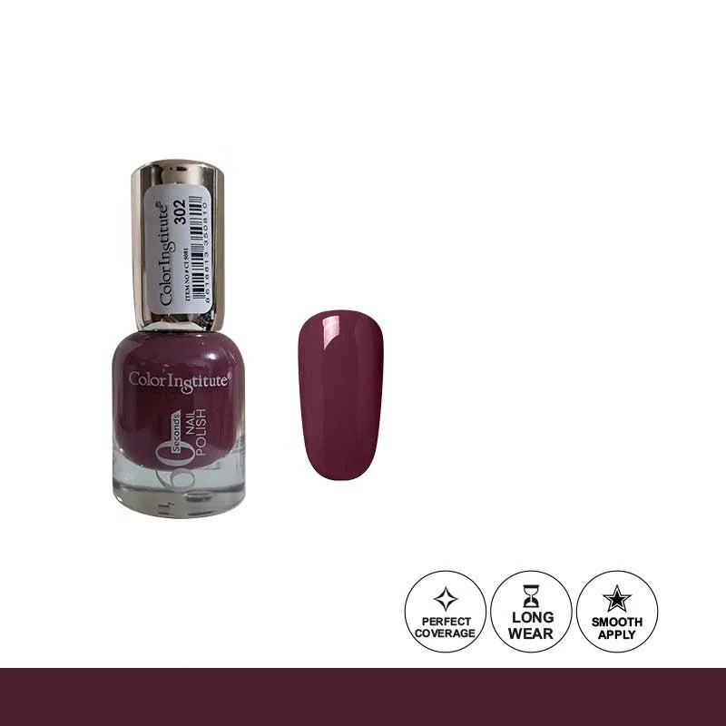 Nail polish bottle with a swatch of purple color on a white background