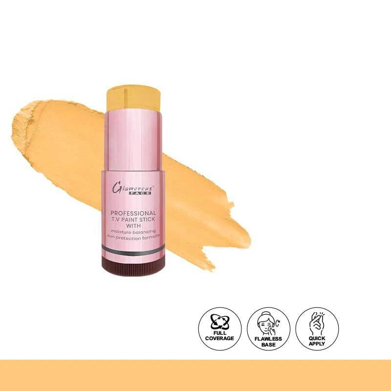 Pink paint stick with yellow swatch on a white background
