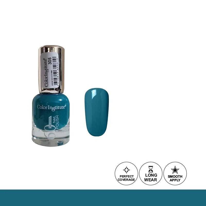 Teal nail polish bottle with a swatch on a white background