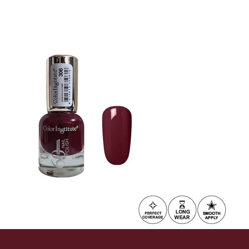 Nail polish bottle with a swatch of dark red color on a white background