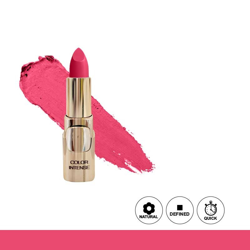 Pink lipstick with a swatch on a white background