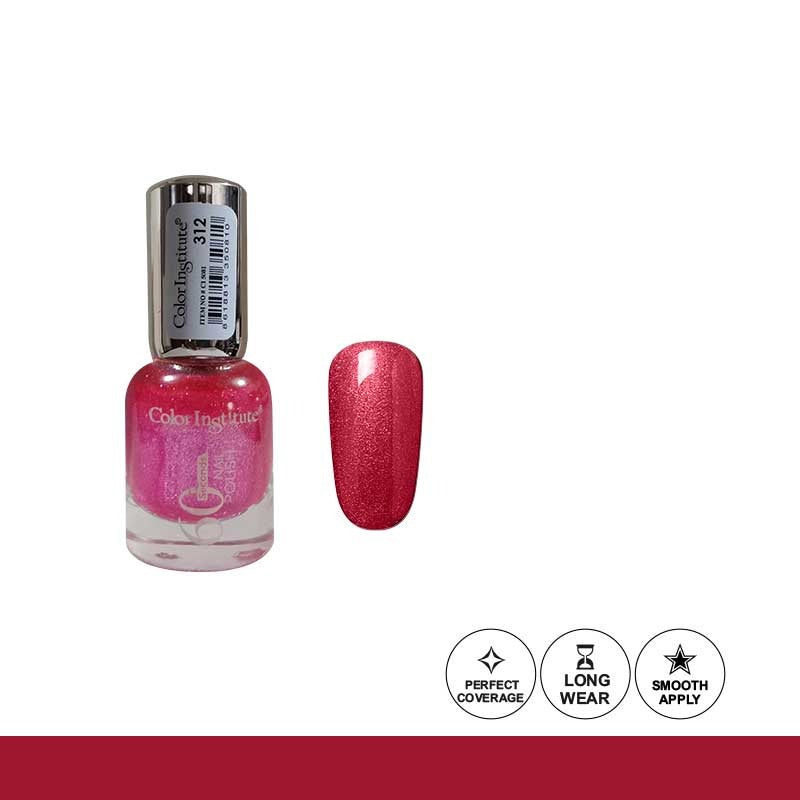 Pink nail polish bottle with a swatch on a white background