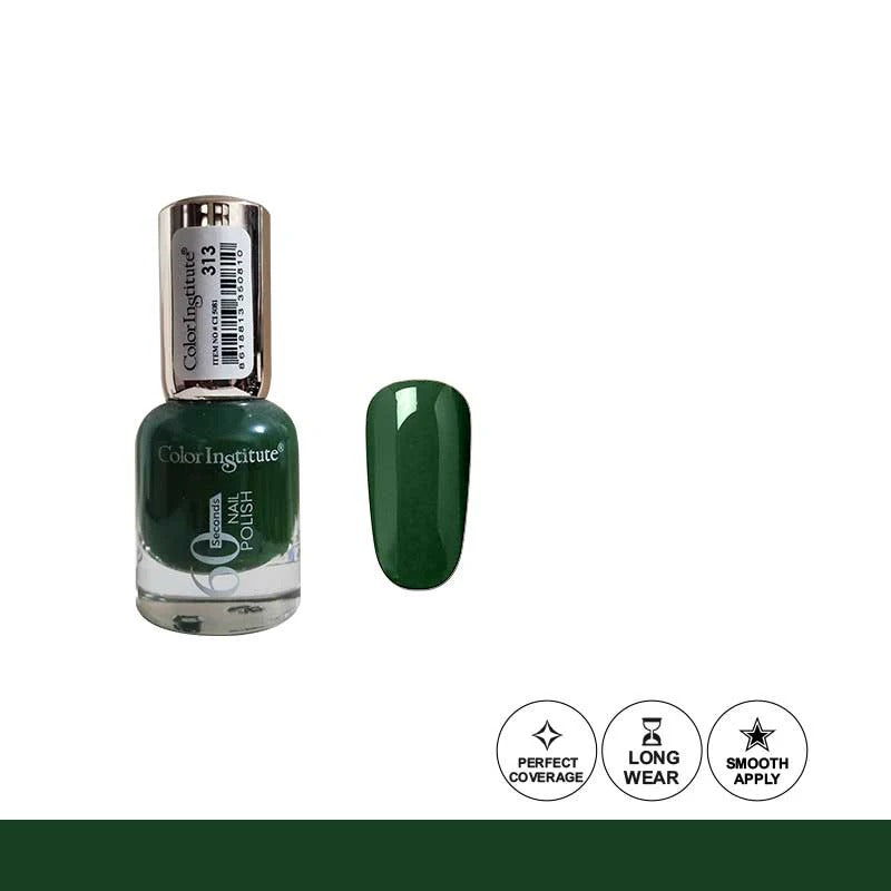 Green nail polish bottle with a matching nail swatch on a white background