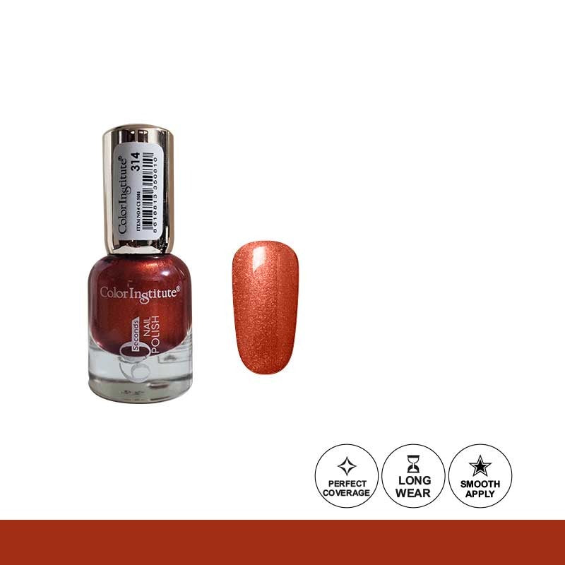 Nail polish bottle with a swatch of orange color on a white background