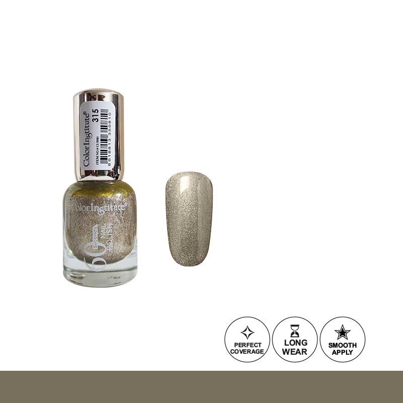 Nail polish bottle with gold glitter finish on a white background