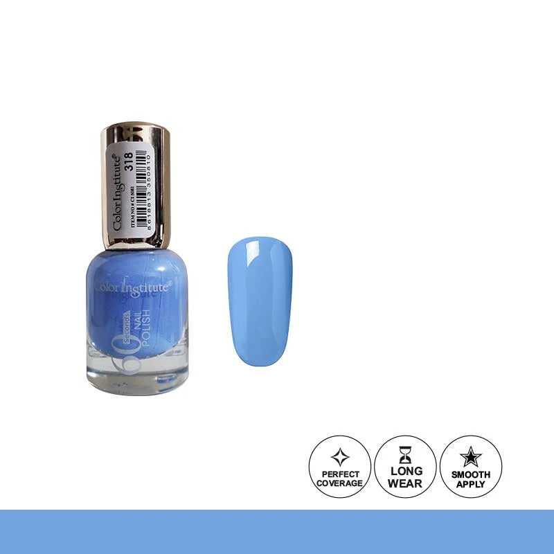 Blue nail polish bottle with a matching color swatch on a white background