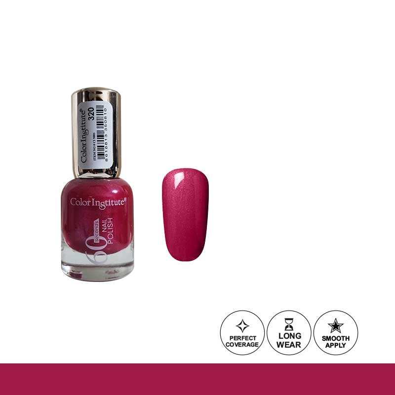 Nail polish bottle with a pink color swatch and feature icons on a white background