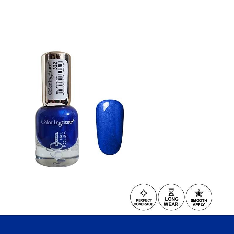 Blue nail polish bottle with a matching nail swatch on a white background