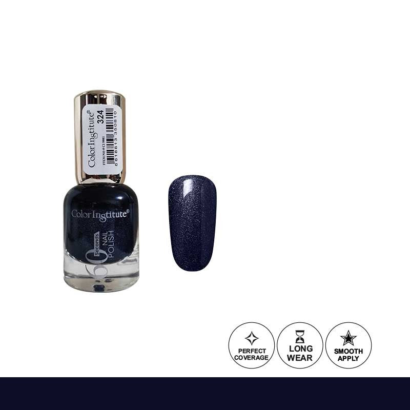 Nail polish bottle with a swatch of dark blue color on a white background