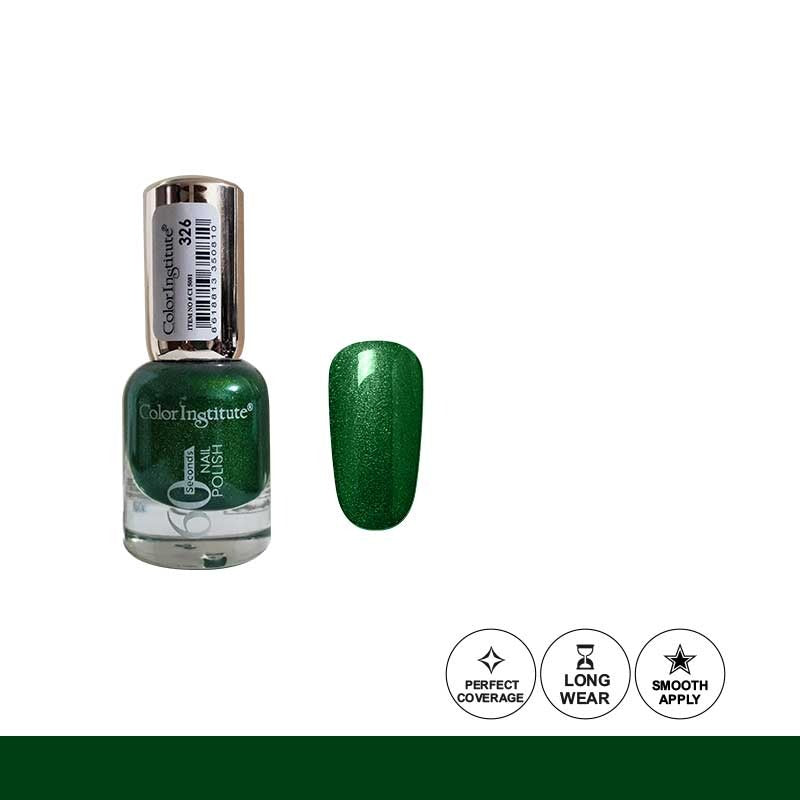 Green nail polish bottle with a swatch on a white background