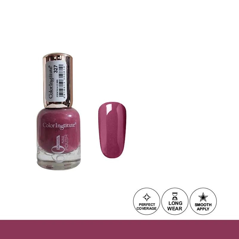 Nail polish bottle with a swatch of purple color on a white background