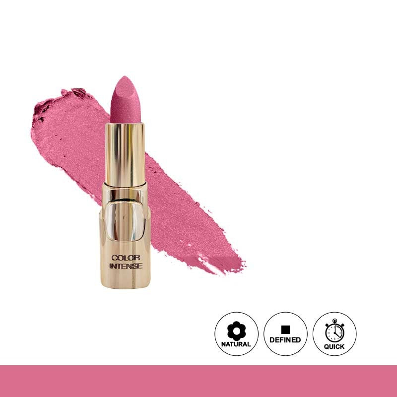 Pink lipstick with a swatch on a white background