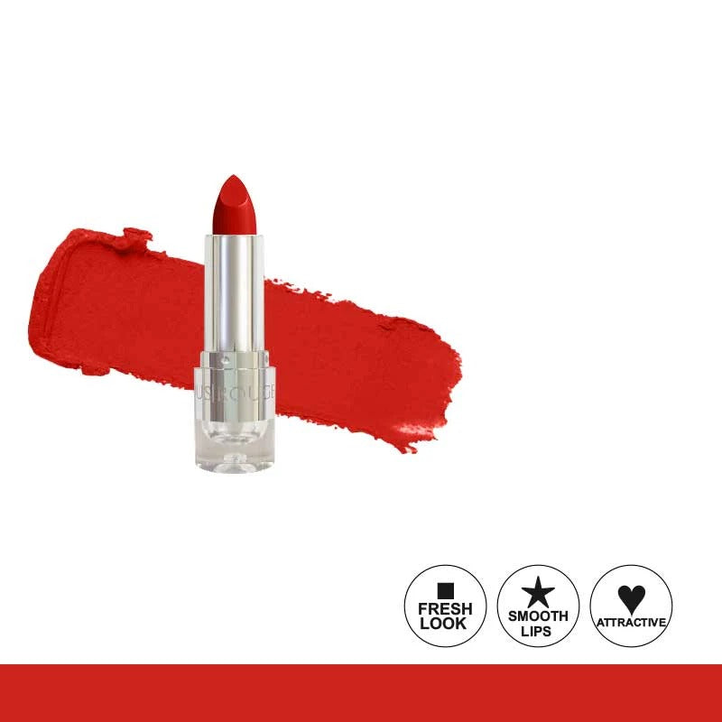 Red lipstick with a swatch on a white background