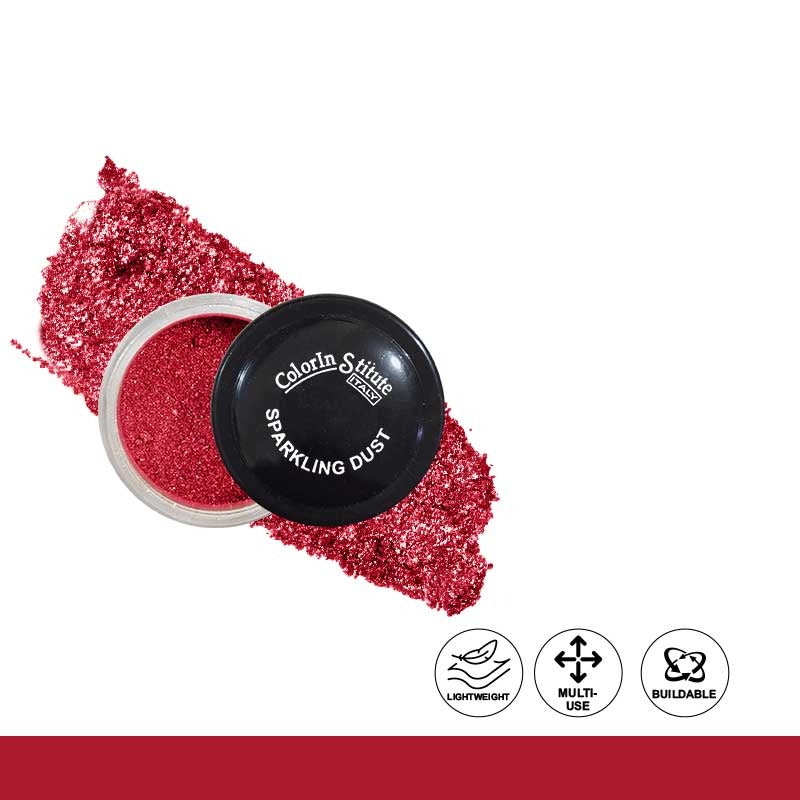 Red sparkling dust in a compact with 'Colorful Attitude' branding on a white background.