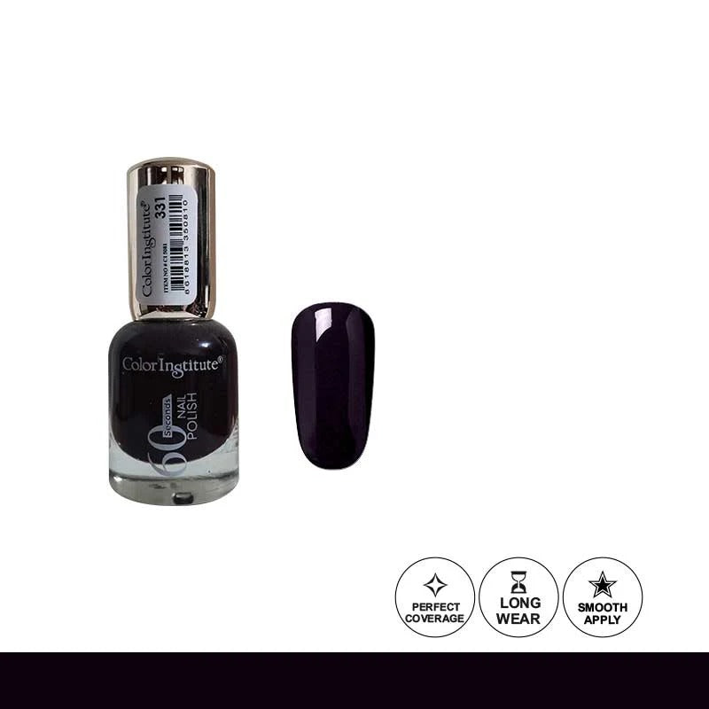 Nail polish bottle with a dark purple color swatch on a white background