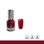 Nail polish bottle with a swatch of red color on a white background