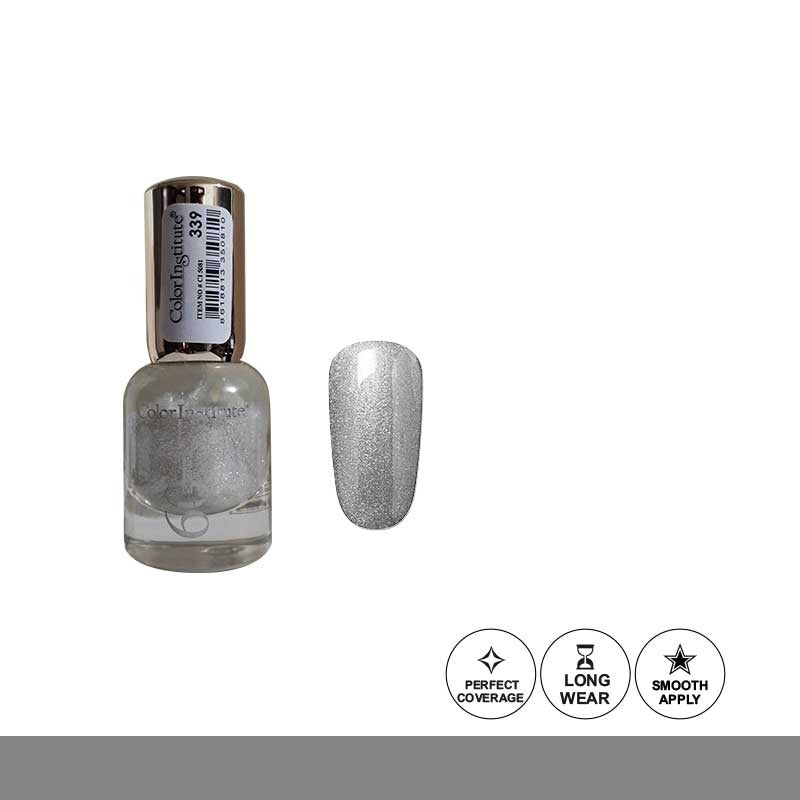 Silver nail polish bottle with a matching nail swatch on a white background