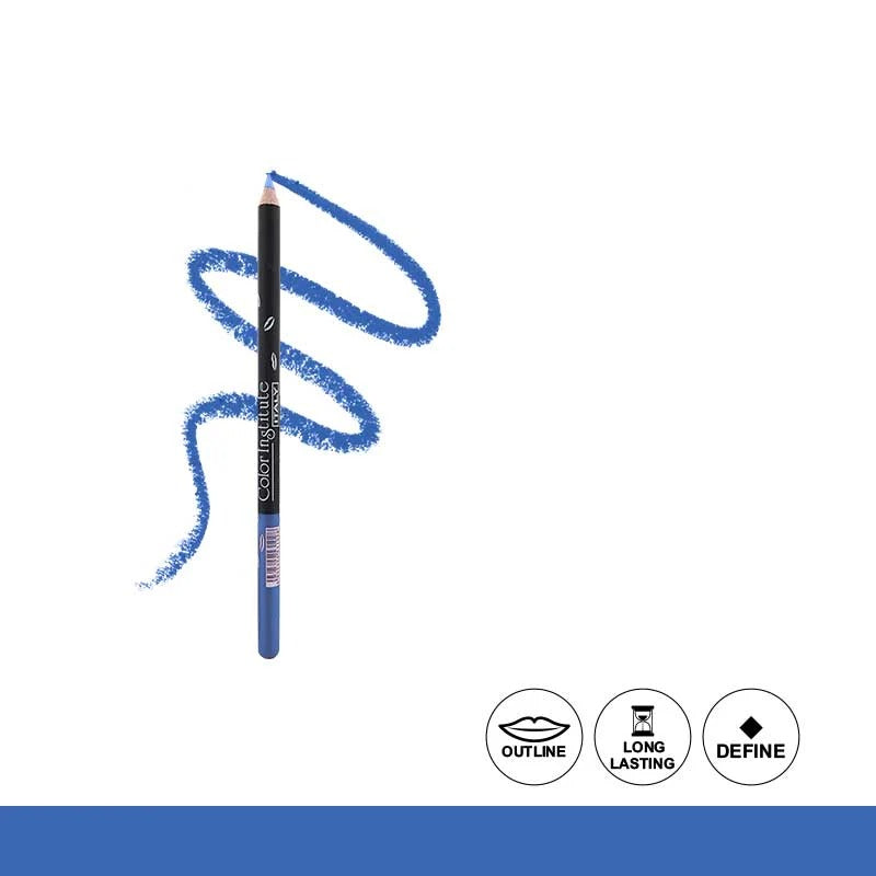 Blue eyeliner pencil with a swatch on a white background