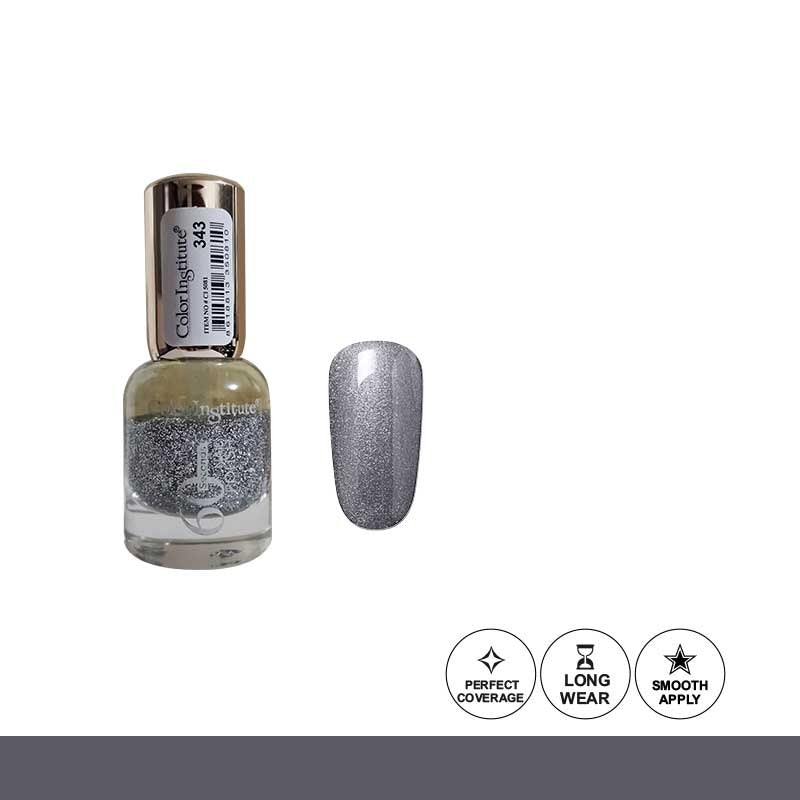 Silver nail polish bottle with a matching nail swatch on a white background