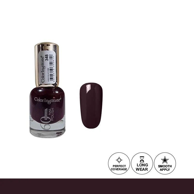 Nail polish bottle with a swatch of dark purple color on a white background